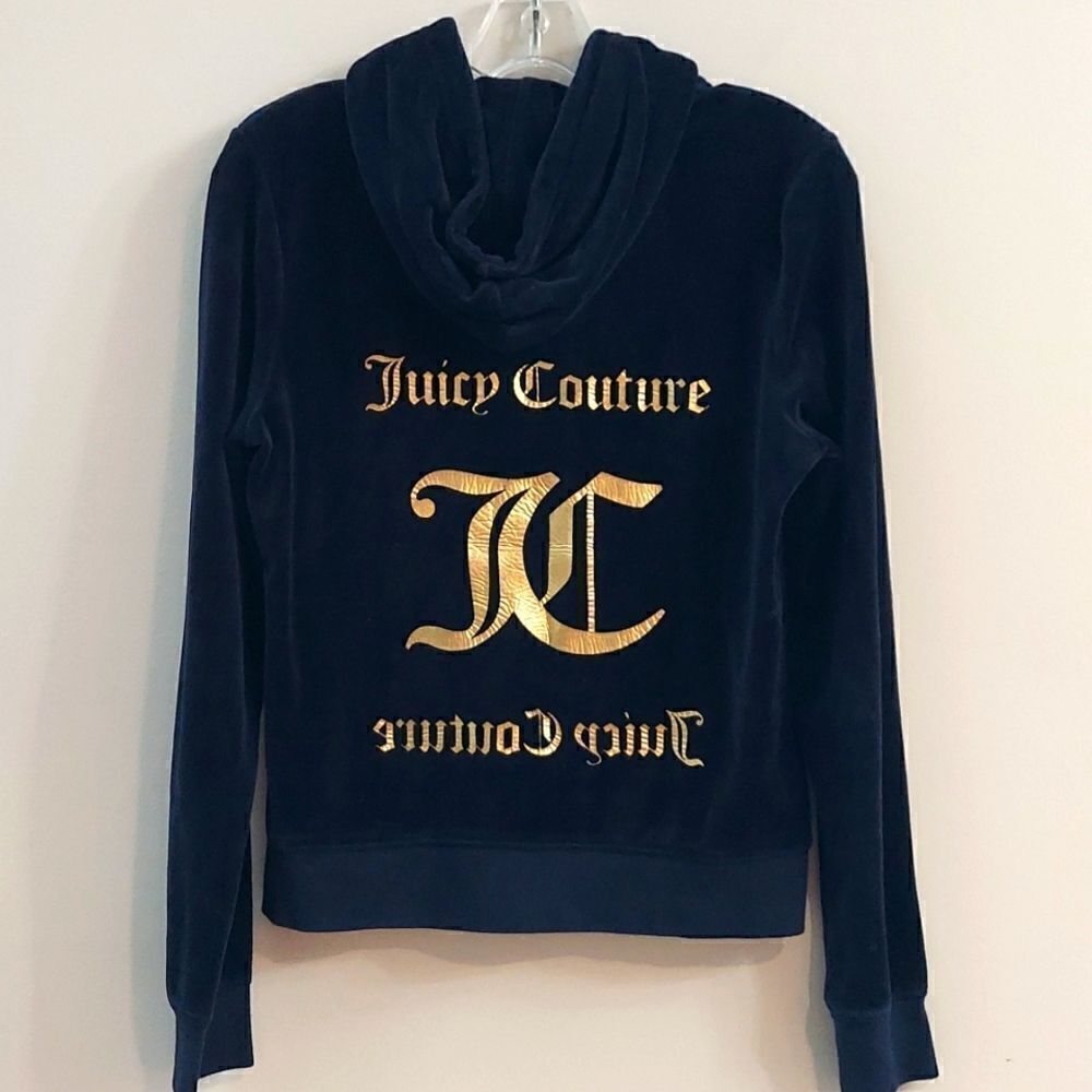 Juicy Couture Navy Velour Zipper Hoodie Gold Graphic On Back Sz M